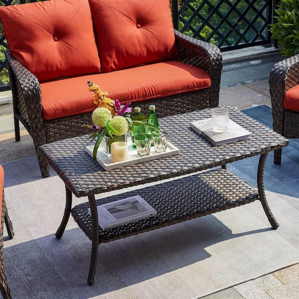 Brown Outdoor Wicker Patio Coffee Table with 2-Layer Storage Furniture Tables for Garden, Porch, Backyard