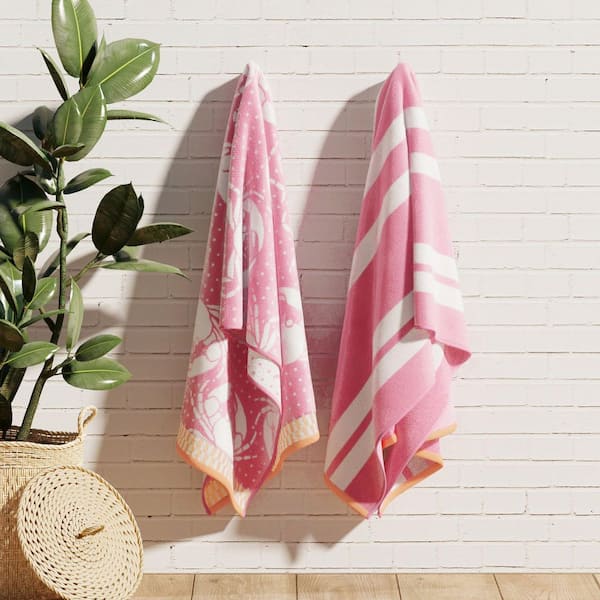 FRESHFOLDS Pink/White Crabs / Stripe 2-Pack 100% Cotton Printed Beach Towel
