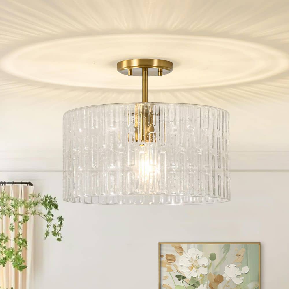 Puente 1-Light 14.8 in. W Brass Chandelier with Striped Seeded Glass Shade for Living Room, Dining Room and Bedroom price history on PriceWatchPro
