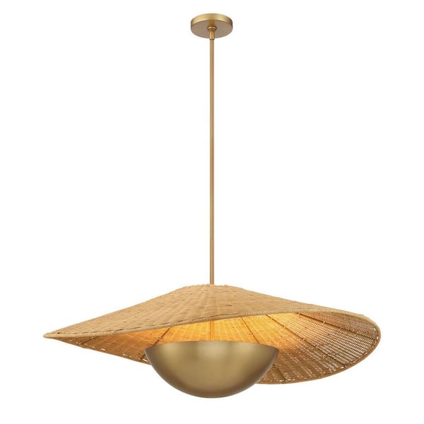 Nestor 60-Watt 3-Light Legacy Brass Shaded Pendant Light with Natural Woven Rattan Shade, No Bulbs Included