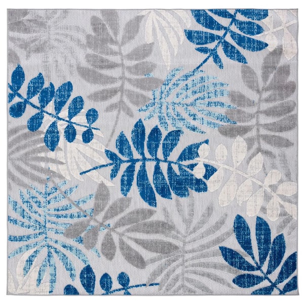Cabana Gray/Blue 7 ft. x 7 ft. Abstract Palm Leaf Indoor/Outdoor Square Area Rug