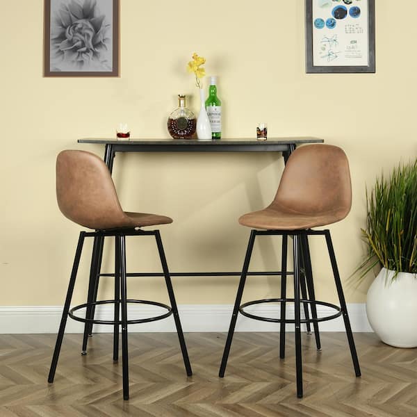 Adenmore Swivel Bar Stool with Brown Faux Leather Upholstery and Black Metal Frame (Set of 2)