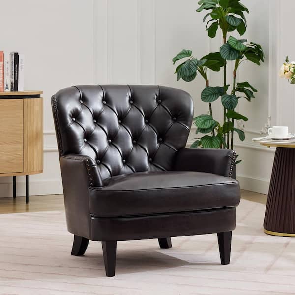 Harper & Bright Designs Vintage Dark Brown PU Upholstered Arm Chair with Nailhead Trim, Solid Wood Legs, Elegant Curved Backrest