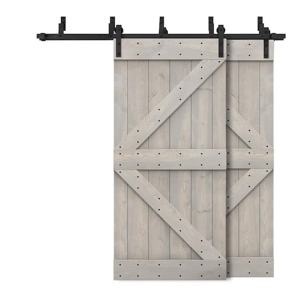 CALHOME 72 in. x 84 in. K Bypass Silver Gray Stained DIY Solid Wood Interior Double Sliding Barn Door with Hardware Kit