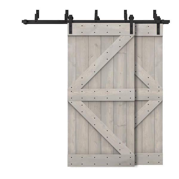 CALHOME 88 in. x 84 in. K Bypass Silver Gray Stained DIY Solid Wood Interior Double Sliding Barn Door with Hardware Kit