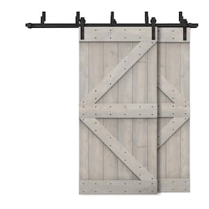 92 in. x 84 in. K Bypass Silver Gray Stained DIY Solid Wood Interior Double Sliding Barn Door with Hardware Kit