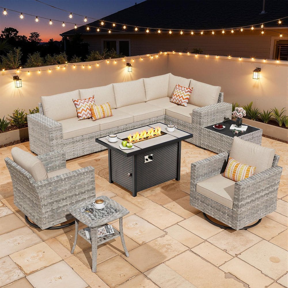 Baldwin Gray 10-Piece Wicker Wide Arm Outdoor Patio Sofa Sectional Set with Metal Fire Pit and Beige Cushions price history on PriceWatchPro