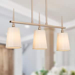Modern Gold Chandelier 3-Light Island Linear Hanging Ceiling Light with White Cone Fabric Shades for Kitchen