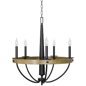 Maverick 60-Watt 5-Light Smoked Birch Wood Style Farmhouse Chandelier, No Bulb Included