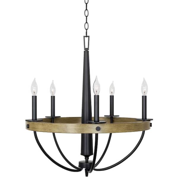 Kira Home Maverick 60-Watt 5-Light Smoked Birch Wood Style Farmhouse Chandelier, No Bulb Included