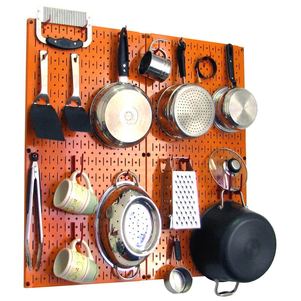 Wall Control Kitchen Pegboard 32 in. x 32 in. Metal Peg Board Pantry Organizer Kitchen Pot Rack Orange Pegboard and Red Peg Hooks