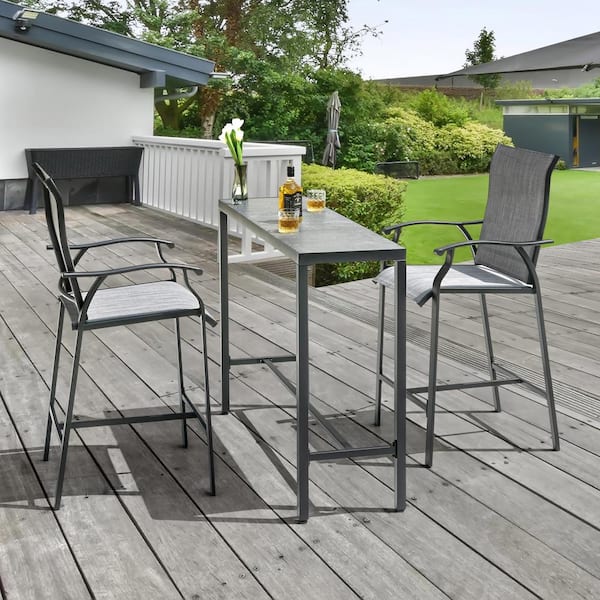 Nuu Garden Black 3-Piece Textilene and Metal Outdoor Patio Bar Set with High Backrest and Tempered Glass Tabletop