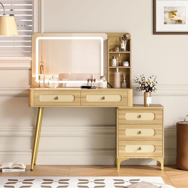 Rattan Drawer Design Natural Makeup Vanity with Mirror Adjustable Brightness Lights 5-Drawers and Storage Shelf