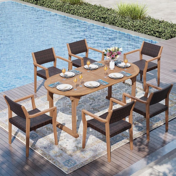 Dark Brown 7-Piece Wood Patio Outdoor Dining Set With Extendable Table and Wood Rattan Chairs