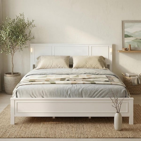 Bed Frame with LED Light and USB Charging, White Solid Wood Frame King Platform Bed with Headboard, No Box Spring Needed
