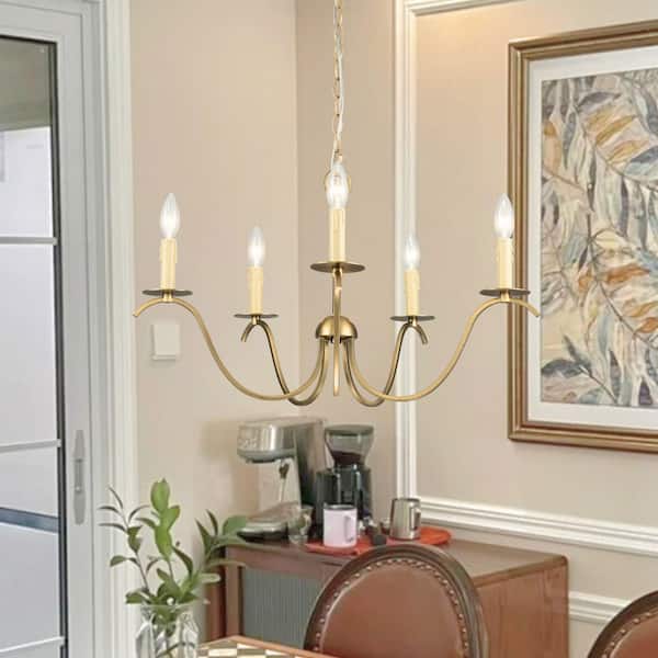 HUOKU Lyra 5-Light 26 in.W Brushed Gold Mid-Century Candle Style Chandelier Luxury Vintage Living Room Pendant Light