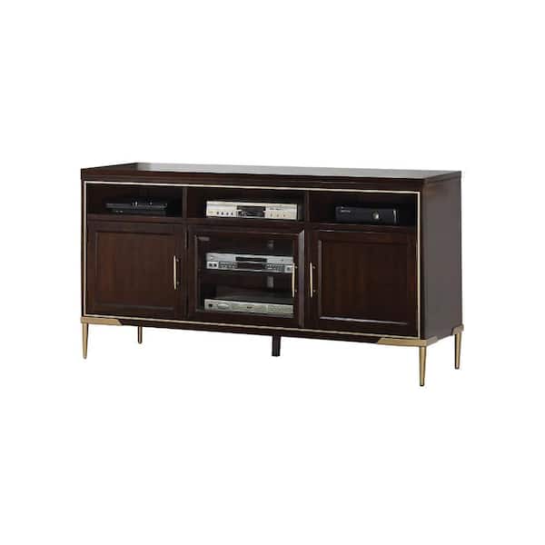 Benjara 64.02 in. Brown and Gold Wood TV Stand Fits TVs up to 60 in. with Metal Tapered Legs