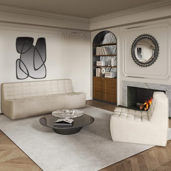 Armless 2-Piece Linen Modular Sectional Sofa 82 in. 3-Seater Fireside Lazy Floor Sofa Couch with Accent Chair in Khaki
