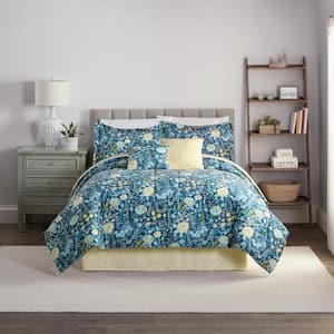 Classic Fiona 6-Piece Blue Floral Pattern Polyester King Comforter Set