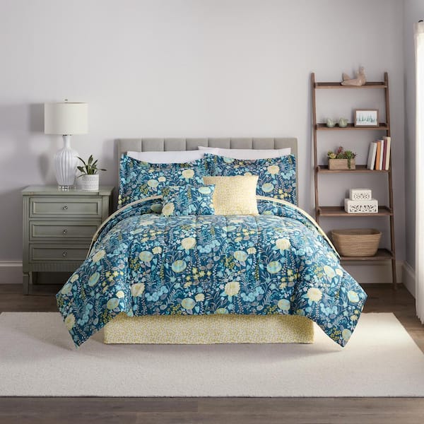 Unbranded Classic Fiona 6-Piece Blue Floral Pattern Polyester King Comforter Set