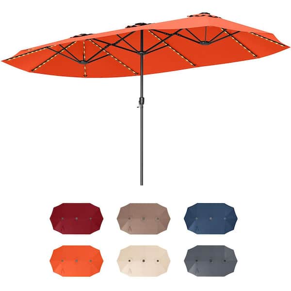 15.5 ft. Steel Extra-Large Market Patio Umbrella in Orange with LED Solar Lights and Crank Handle(Stand Not Included)