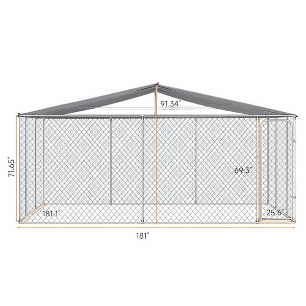 181 in. x 181 in. x 71.65 in., Outdoor Walk-In Wrought Iron Dog Crate, Slanted Top with Waterproof Cover, Silver