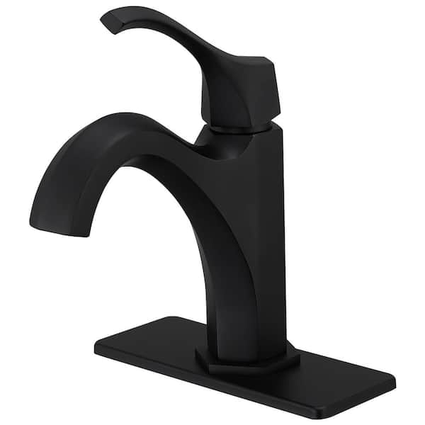 Single Handle Single Hole Bathroom Faucet with Deckplate Included and Drain Kit Included in Matte Black