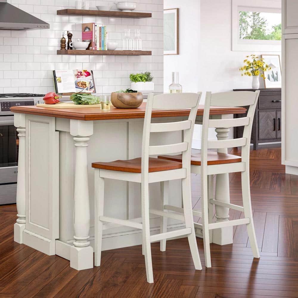 Off-White and Oak Wood Kitchen Island Set with Stools