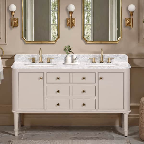 Collette 60 in. Double Sink Greige Bath Vanity with White Carrara Marble Top (Assembled)