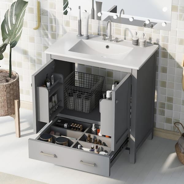 30 in. W x 18 in. D x 34 in. H Single Sink Bath Vanity in Gray with White Ceramic Top