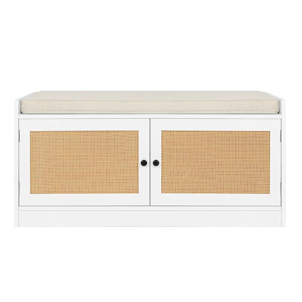18 in. H x 28.3 in. W White Wood Rattan Shoe Storage Bench