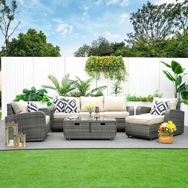 moda furnishings Penny 5-Piece Wicker Patio Conversation Set with Beige Cushions