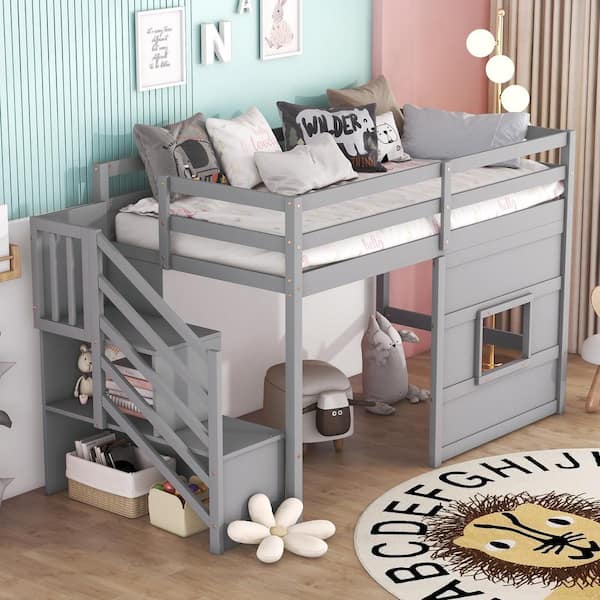 Harper & Bright Designs Gray Wood Frame Twin Size Loft Bed with Storage Staircase and Window