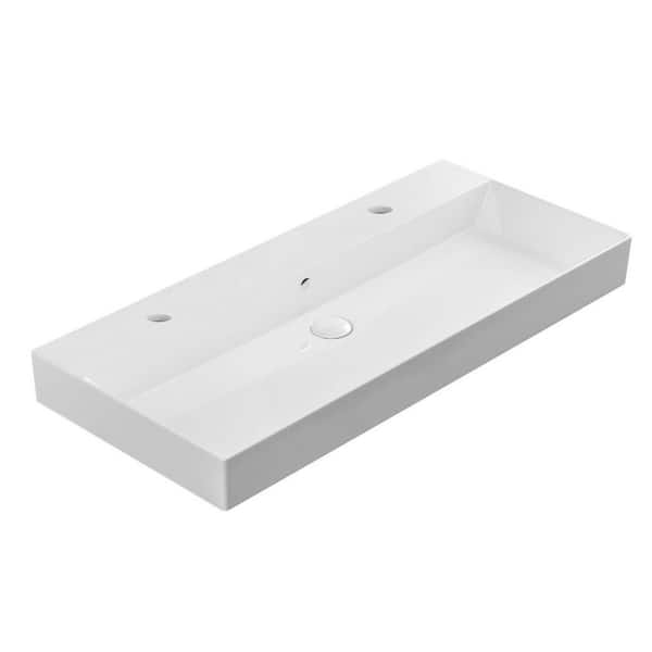 WS Bath Collections Energy Ceramic Wall Mount/Vessel Bathroom Sink in White with 2 Faucet Holes