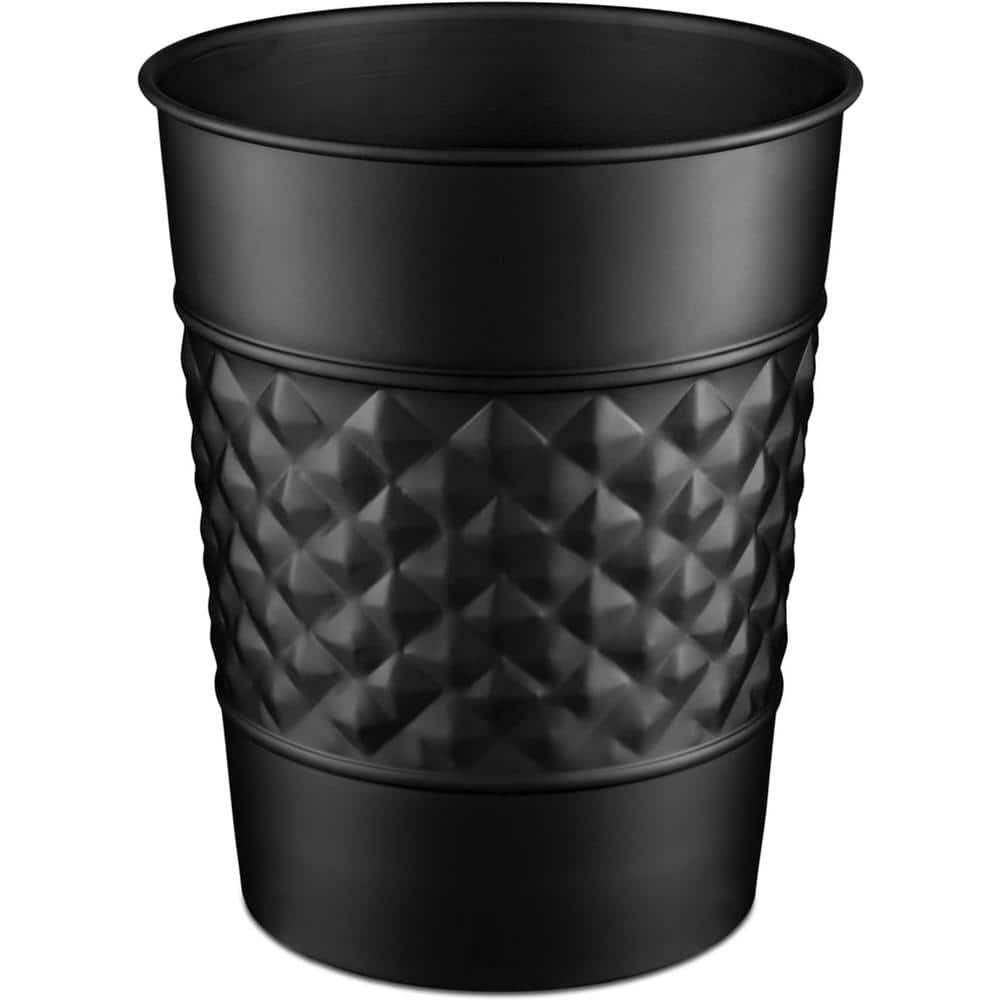 Matte Black Geometric Embossed Metal Bathroom Trash Can