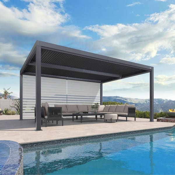 PURPLE LEAF 12 ft. x 16 ft. Gray Aluminum Frame Louvered Pergola with Adjustable Sunshade Roofs and 1-Long Side Roller Shades