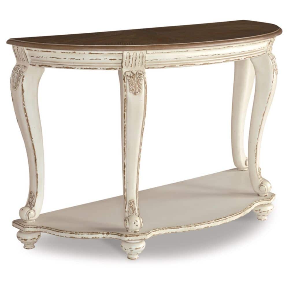 Realyn Demilune Sofa Table with Storage in Distressed White/Brown