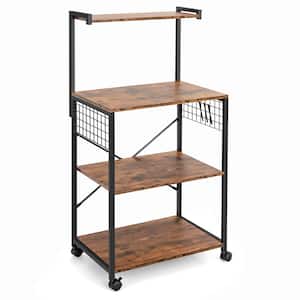 Brown 4-Tier Rolling Bakers Rack Industrial Utility Microwave Oven Stand Cart with Hooks