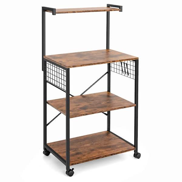 Costway Brown 4-Tier Rolling Bakers Rack Industrial Utility Microwave Oven Stand Cart with Hooks