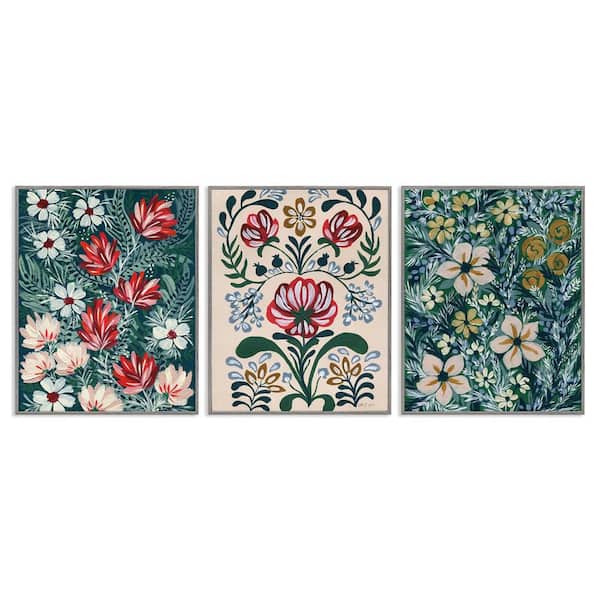 Stupell Industries Boho Folksy Florals by Yvette St. Amant 3-Pieces Gray Framed Nature Giclee Art Print 20 in. x 16 in.
