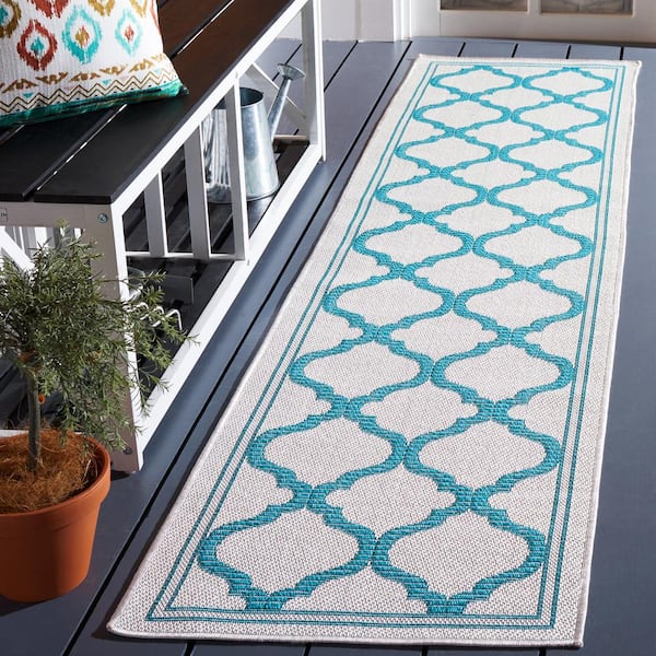 Bermuda Beige/Aqua 2 ft. x 8 ft. Runner Border Trellis Indoor/Outdoor Area Rug