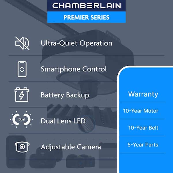 Premier Series 1-1/4 HP Belt Drive Garage Door Opener with Battery Backup, Dual Lens LED, Camera, and myQ Smart Control