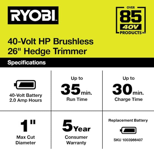 40V HP BRUSHLESS 26 HEDGE TRIMMER KIT - RYOBI Tools