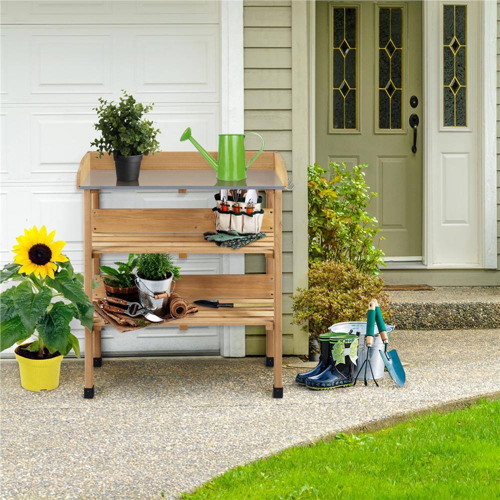 Natural Wood Outdoor Potting Bench with Storage Shelves
