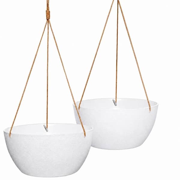 13 in. White Plastic Hanging Planter Pots 2-Pack with Adjustable Nylon Rope for Indoor Outdoor Flowers