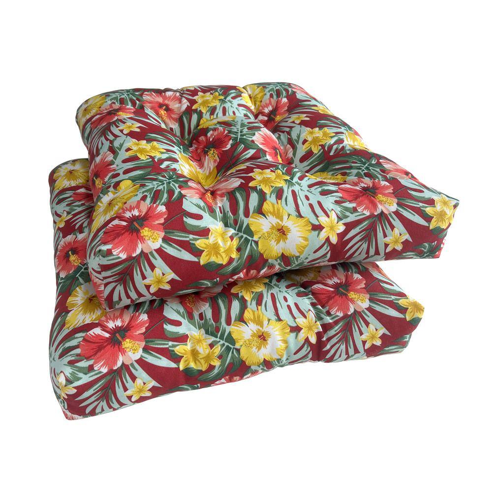 Red and Yellow Tropical Tufted Outdoor Seat Cushions (Set of 2)