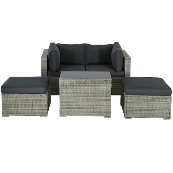 Unbranded 5-Piece Grey Wicker Outdoor Patio Sectional Sofa Conversation Set with Grey Cushions table and 2 ft. stools