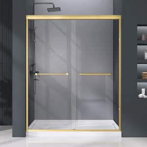 60 in. W x 72 in. H Double Sliding Framed Shower Door in Gold Bypass Shower Glass Door Soft closing with 2 Towel Bars