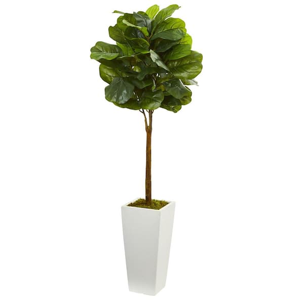 Nearly Natural 4 in. Fiddle Leaf Artificial Tree in White Tower Planter