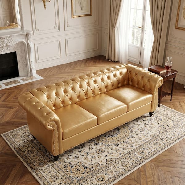 84.65 in. Rolled Arms Faux Leather Rectangle 3-Seater Chesterfield Sofa in Gold with Tufted Back, Nailhead Trim